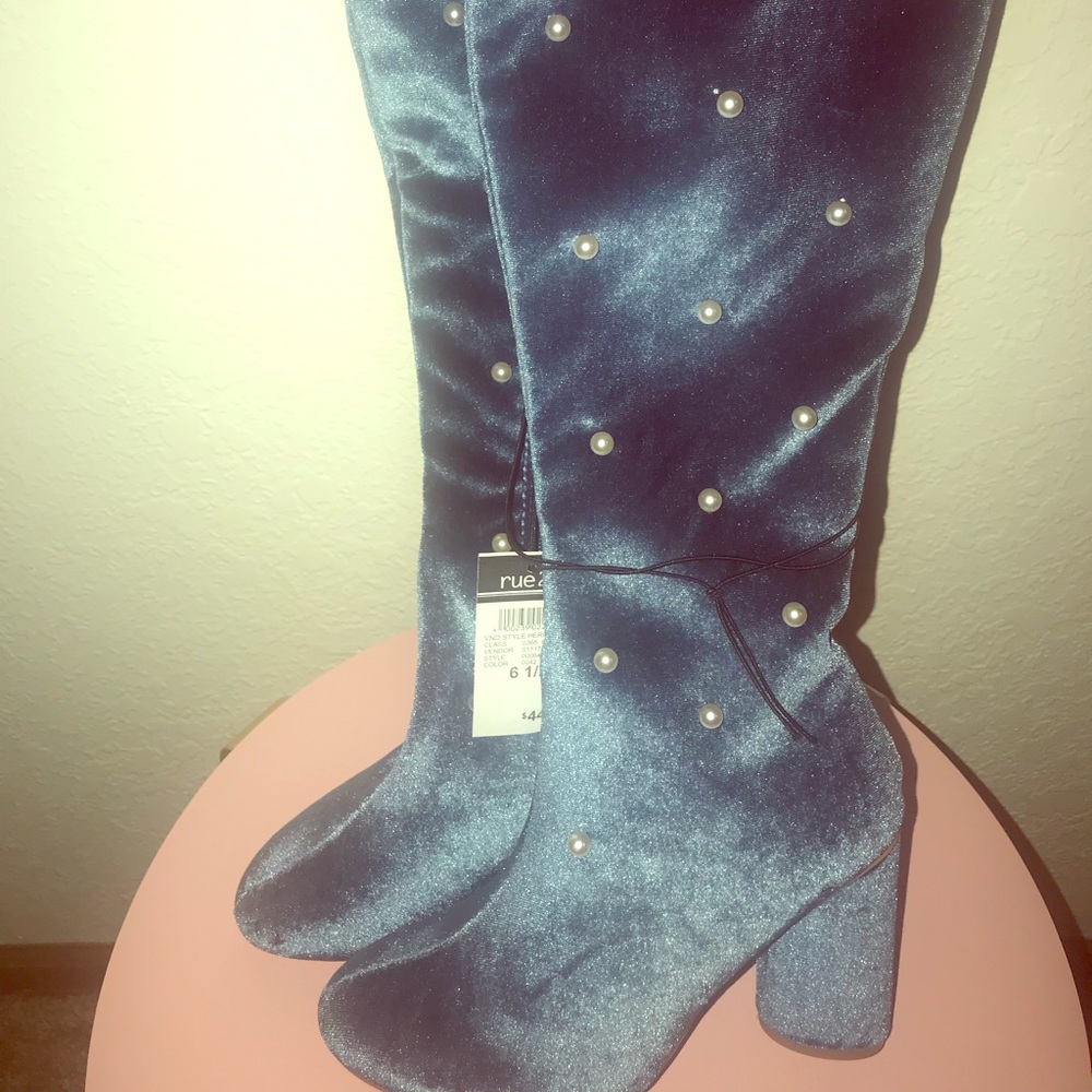 Thigh High Pearl Embellished Suede Blue Boots!